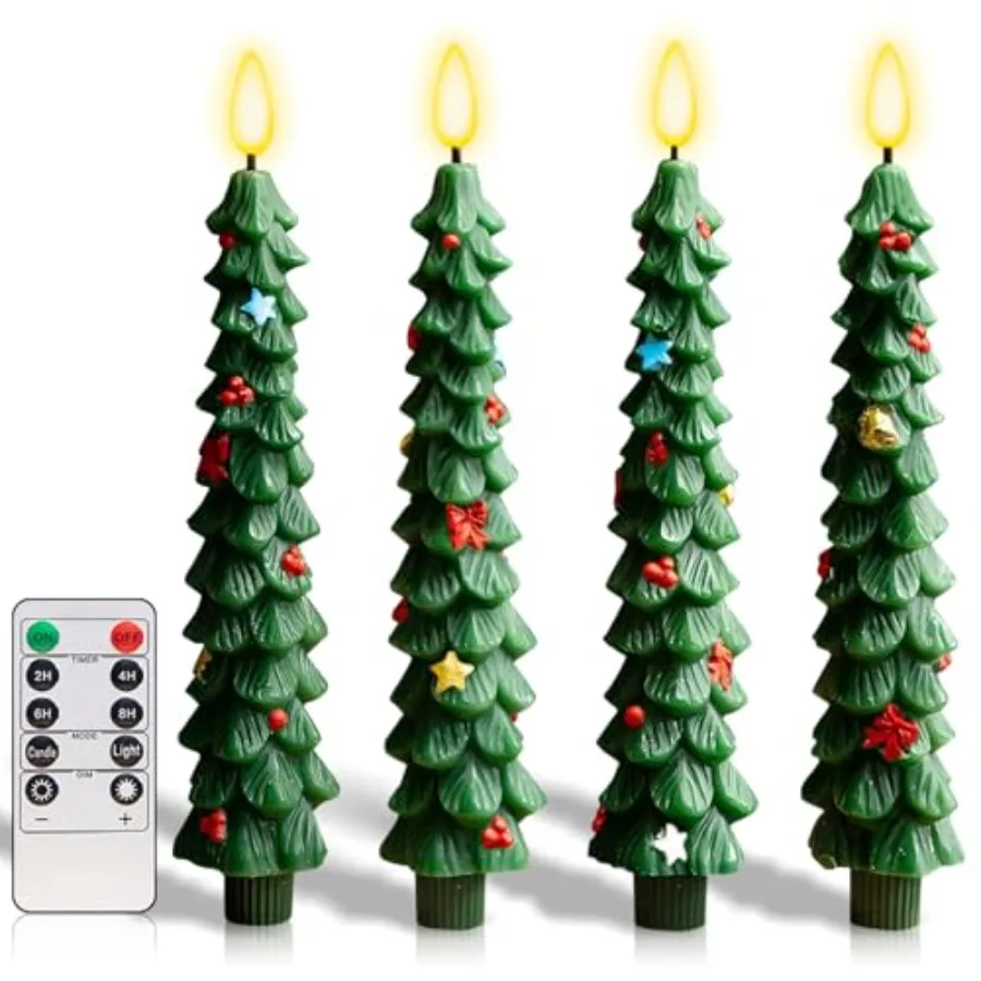 

Набор из 4 беспламенных светодиодных свечей для рождественской елки с пультом ДУ, модель 2026 года, на батарейках, зеленые, из натурального воска, для окон