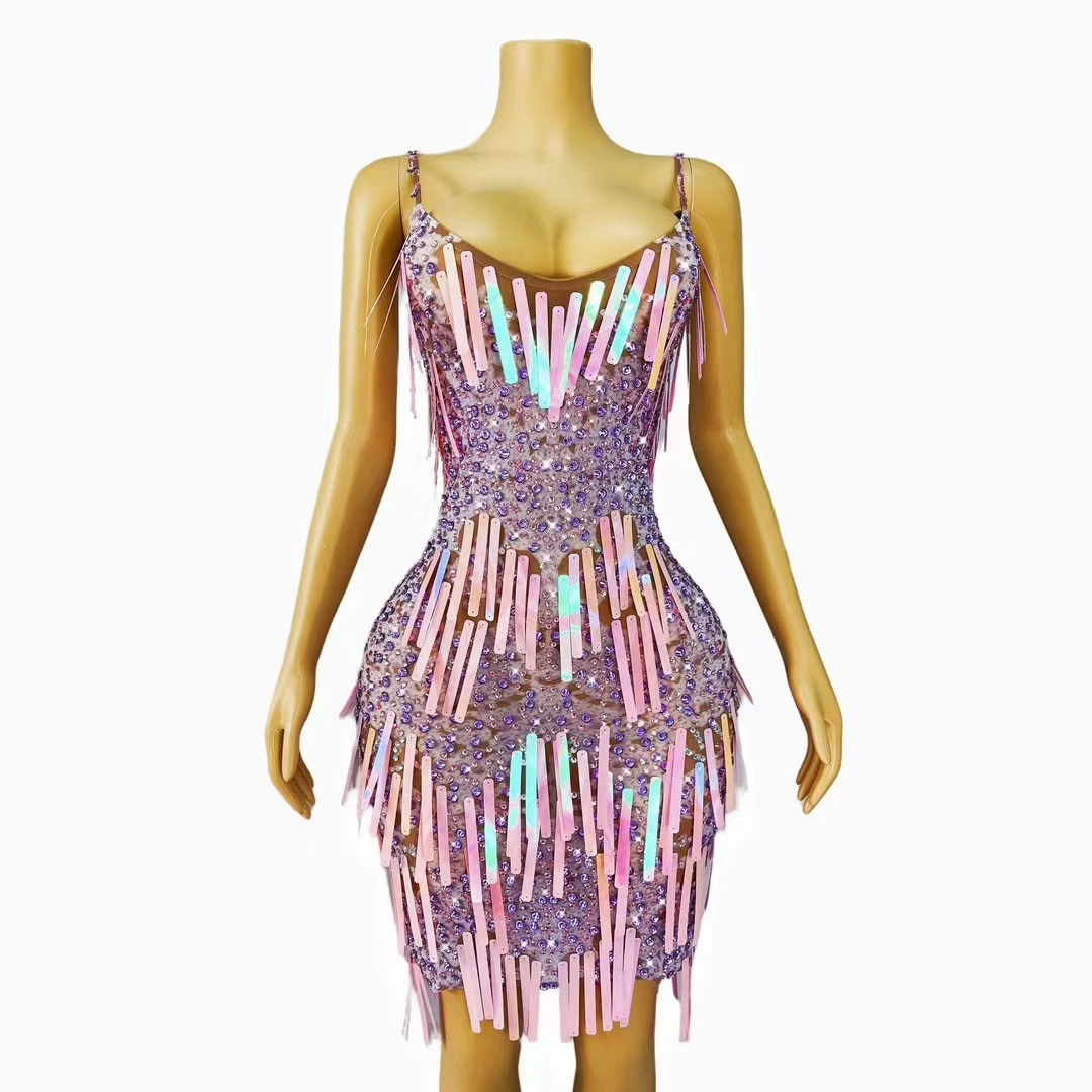 Sparkly Laser Sequin Strip Pink Purple Strap Dress Bodycon Wrap Dress for Women Spring Fling Queen Club Sexy Mini Chic Dress