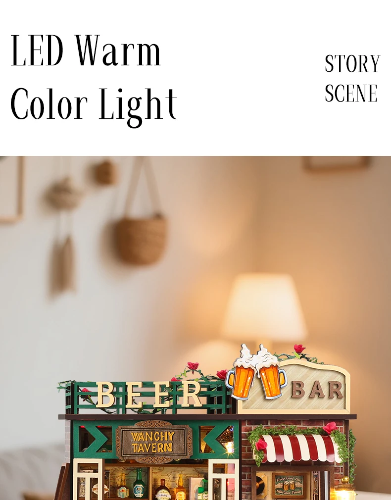 طقم صناعة بيت بيرة صغير يمكنك صنعه بنفسك، نموذج منزل خشبي، مكعبات بناء، صندوق موسيقى، مكعبات تجميع إبداعية يدوية الصنع، ألعاب أطفال، هدية