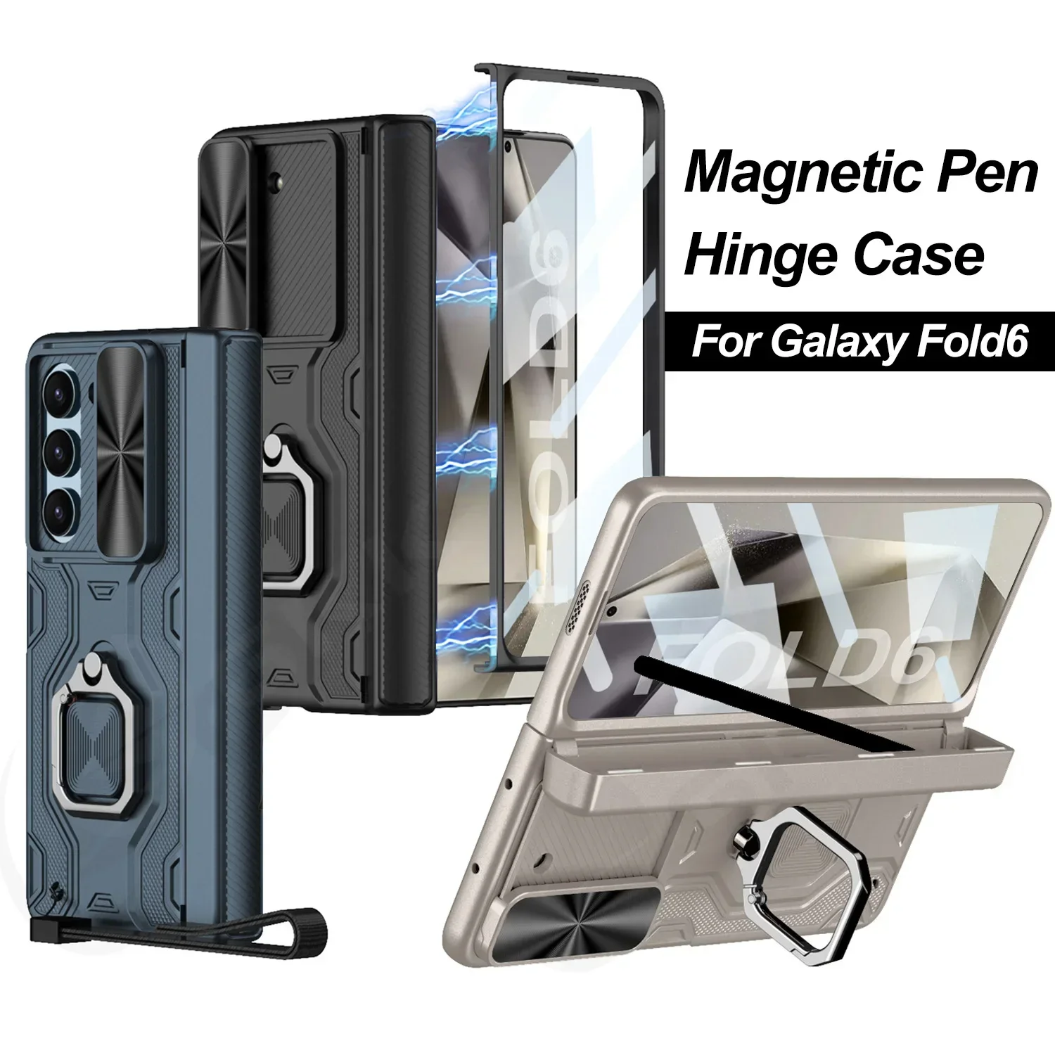 Magnetic Pen Holder Hinge Case For Samsung Galaxy Z Fold 6 Outer Glass Film Lens Protective Stand Cover For Galaxy Z Fold 5 Case