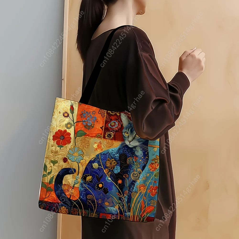 1 Buah Tas Jinjing Kucing Abstrak Tas Bahu Hewan Kecil Unik Lucu Tas Tangan Ramah Lingkungan Linen Cetak Tas Kasual Kantor Belanja Dapat Digunakan Kembali
