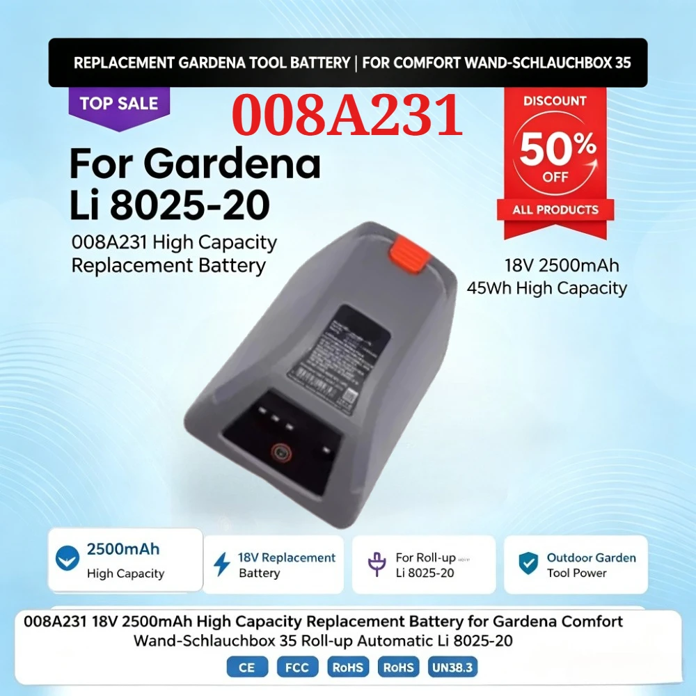 008A231 18V 2500mAh High Capacity Replacement Battery for Gardena Comfort Wand-Schlauchbox 35 Roll-up Automatic Li 8025-20