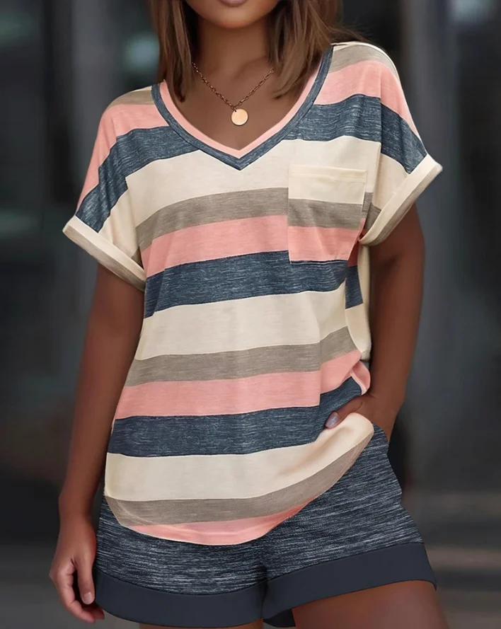

Two Piece Set Women Outfit 2025 Summer New Colorful Striped Print V-Neck Pocket Design Top & Casual Shorts Set with Pockets