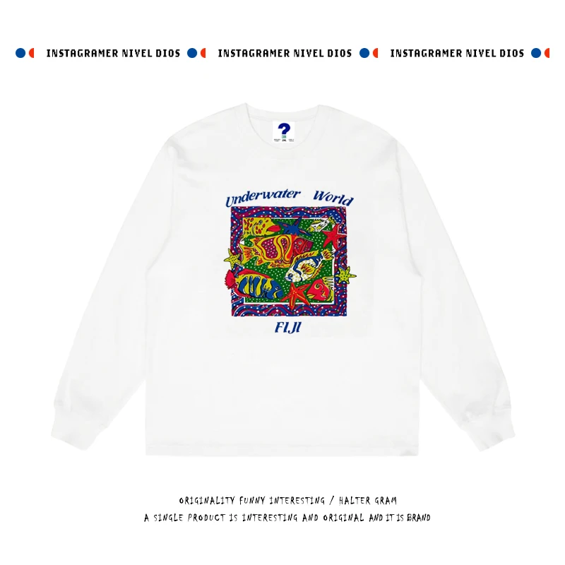 おすすめグッズ！-純綿ノンライトウェイト長袖tシャツ-芸術的な魚のイラスト-ユニセックス-ルーズフィット-ヴィンテージ風