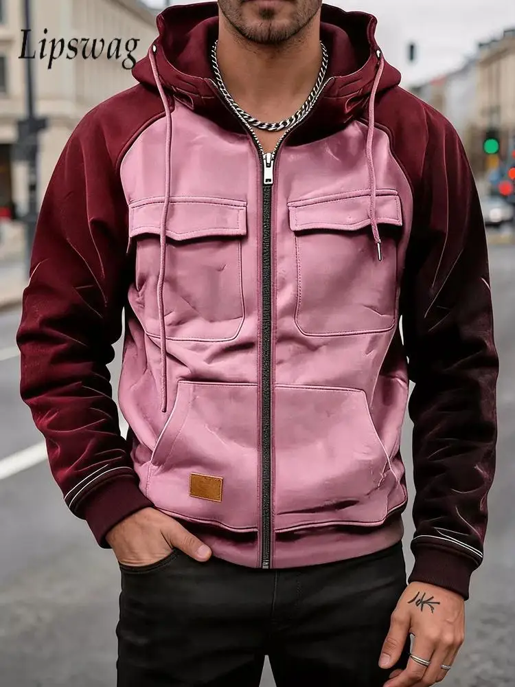 Vintage Hooded Sweatshirt Fashionable Contrast Color Long Sleeve Multi Cargo Pocket Tops Autumn Winter Daily Casual Jacket Men