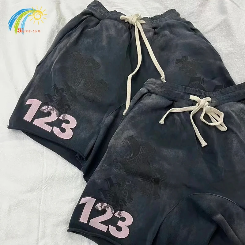 

Black Sanskrit Printing Vintage Washed Breeches Men Women Jogger Drawstring Best Quality Cotton Spliced RRR123 Shorts With Tag