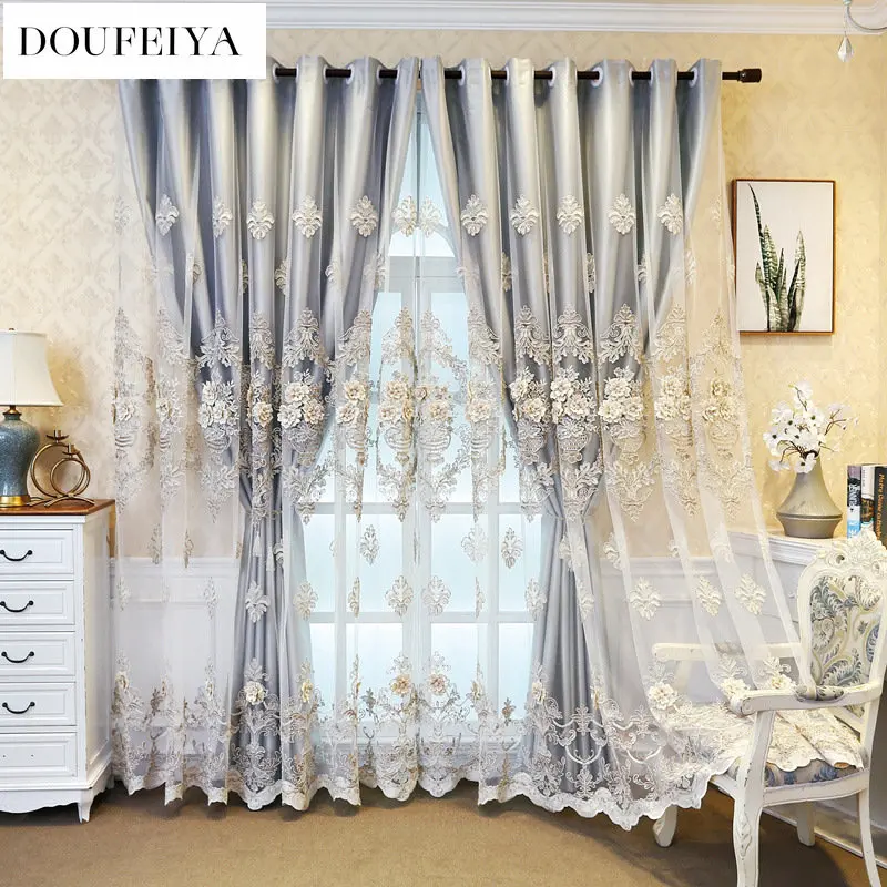 European Style Korean Double Layer Curtains for Living Room Bedroom Dining Embroidered Sheer Luxury Tulle Elegant Custom Size