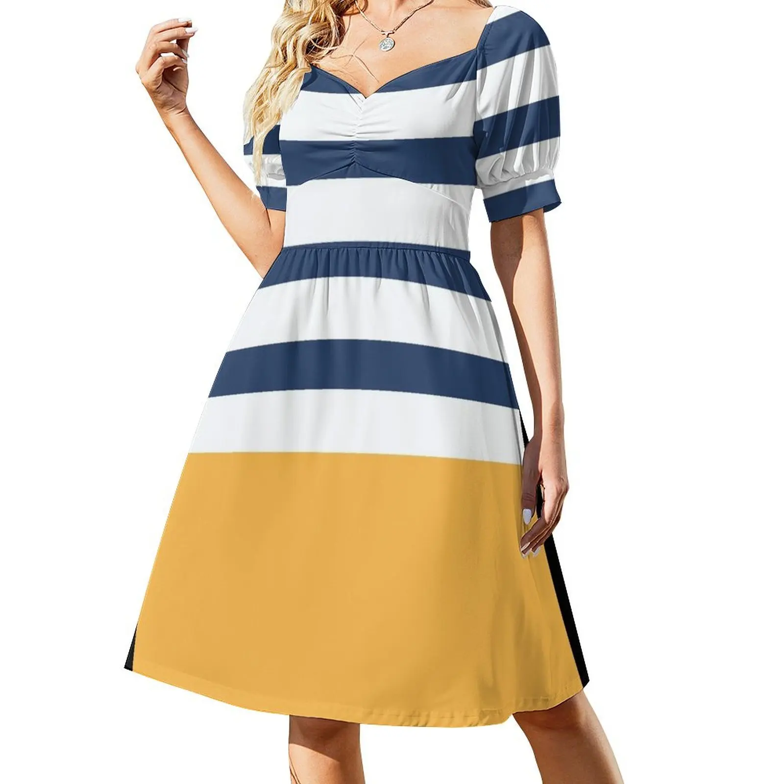 

Blue and white stripes with yellow Short Sleeved Dress women's fashion dresses elegant dresses plus sizes Long dresses Dress