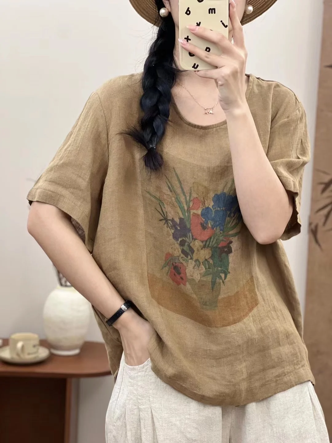 Cotton linen oversize short sleeve shirt women summer Japanese style vintage loose print t shirt plus size women\'s clothing