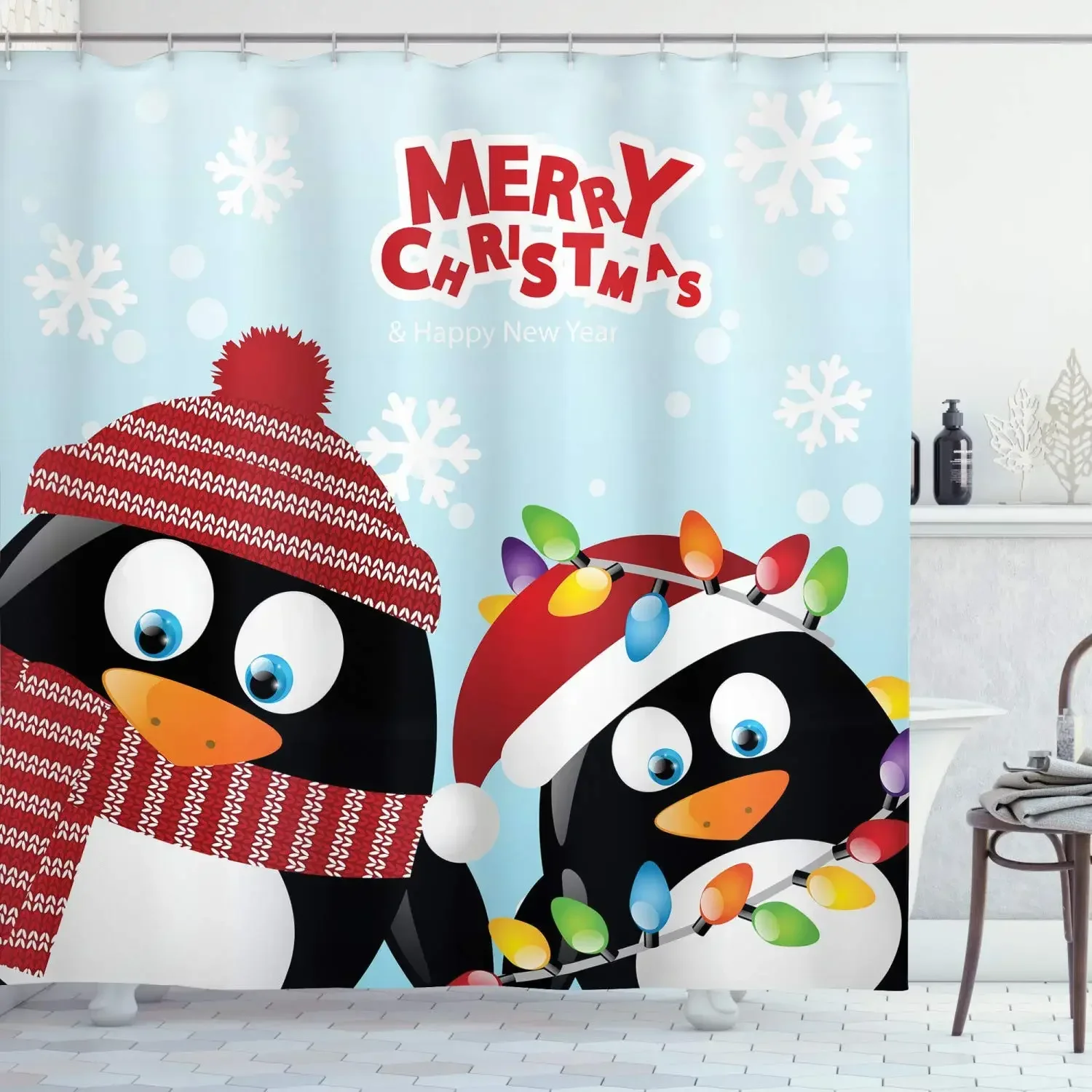 Cute Penguins Wishing Happy Christmas Snowflake Background Arctic Animals Print Shower Curtain