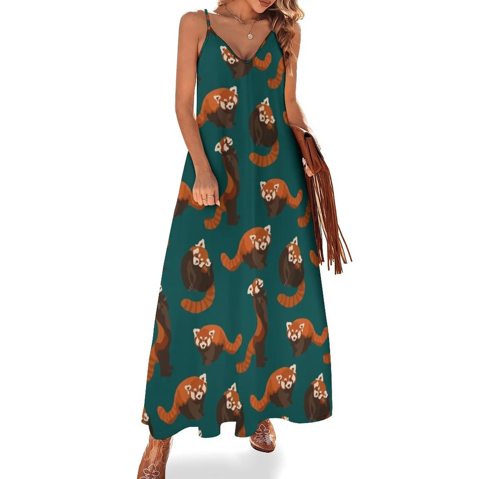 

RED PANDA PATTERN Sleeveless Long Dress luxury dress women evening dress birthday for women Party dresses for women