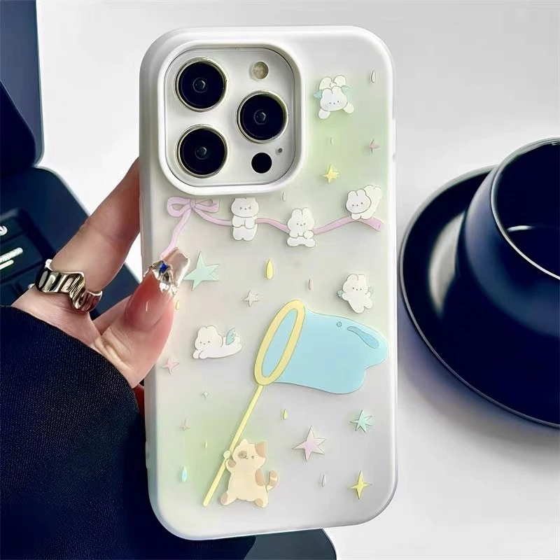 Coque de téléphone givrée anti-rayures Y2K avec motif lapin et chat mignon style coréen pour iPhone 17 Air 16 15 14 13 12 11 Pro Max Plus