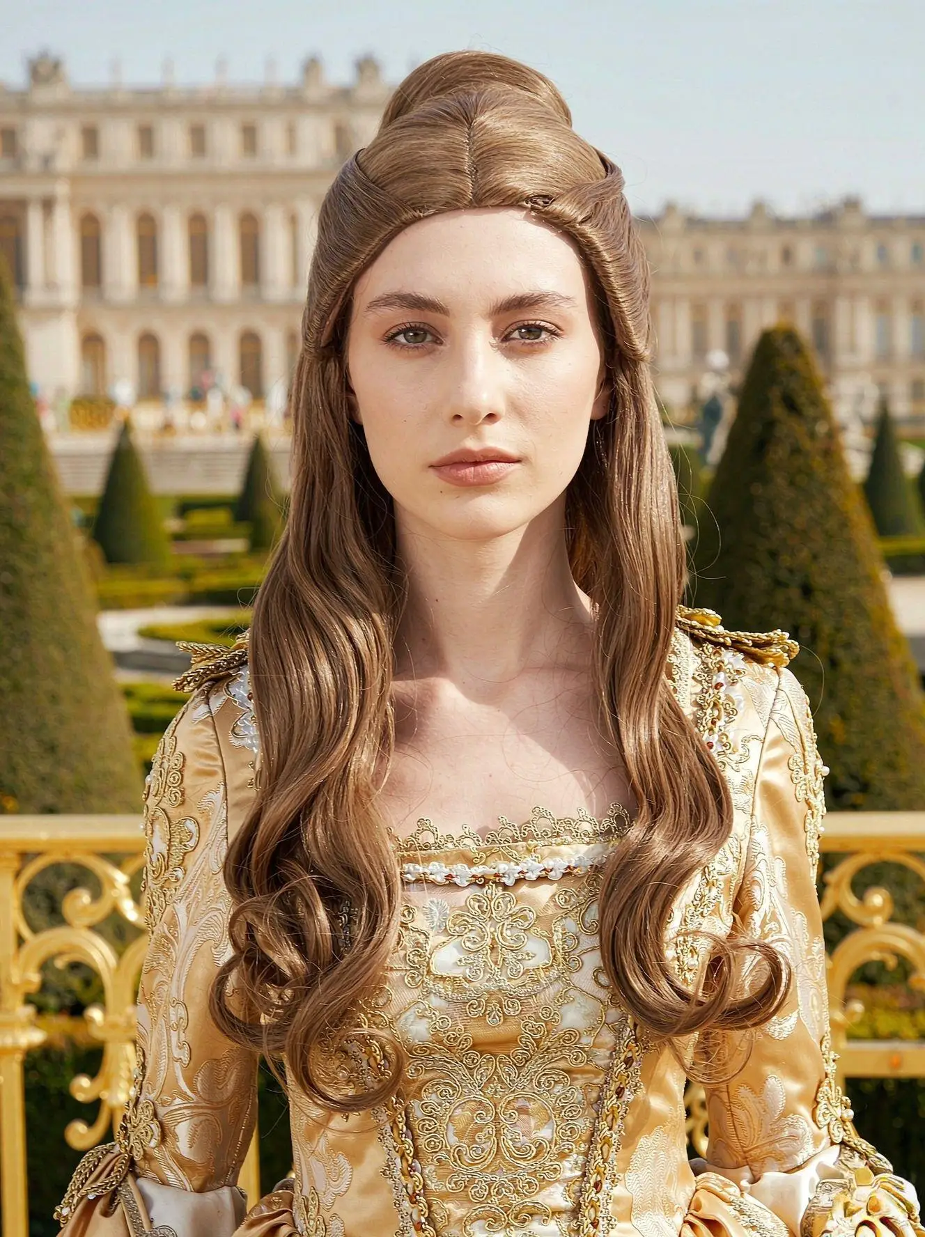 Brown Synthetic Long Wavy Vintage Princess Half Updo Bun Wig Cosplay Halloween Party Costume Role Play