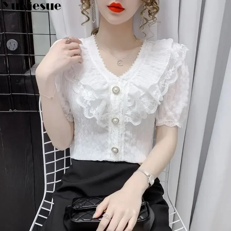 

Elegant Summer Short Sleeve T-shirt Women's Top Fashion Lace Ruffle V-Neck Shirt Temperament Chiffon Shirt Leisure Aestheticism