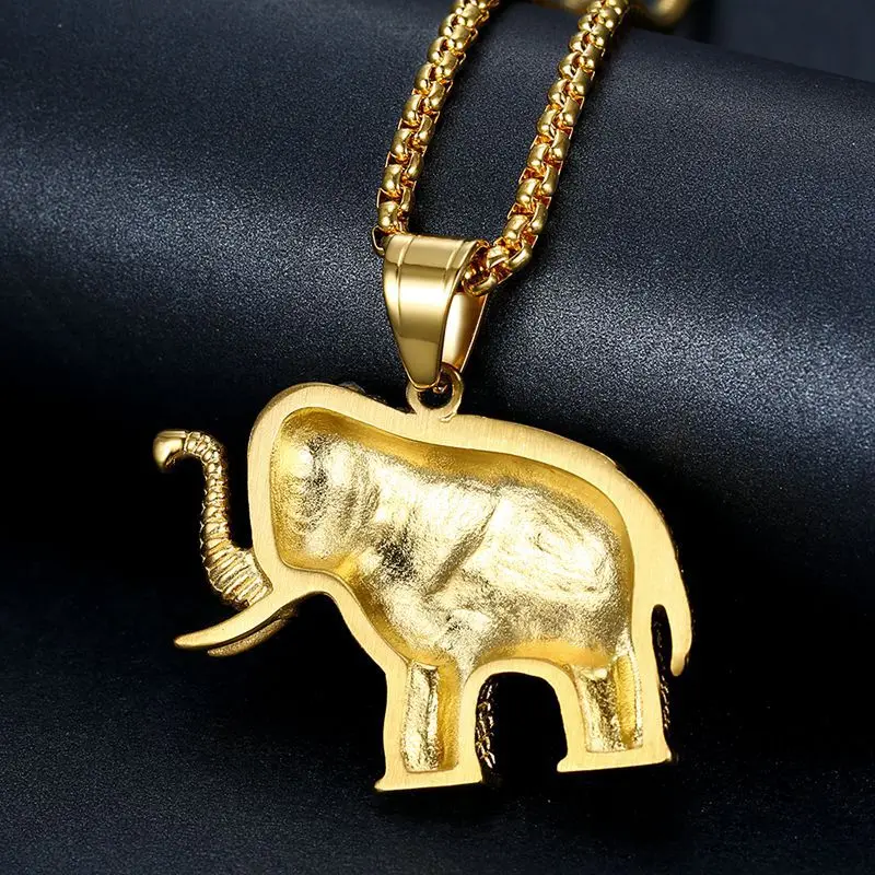 Megin D Stainless Steel Titanium Zircon Lucky Animal Elephant Pendant Collar Chains Necklace for Men Women Couple Hip Hop Jewel