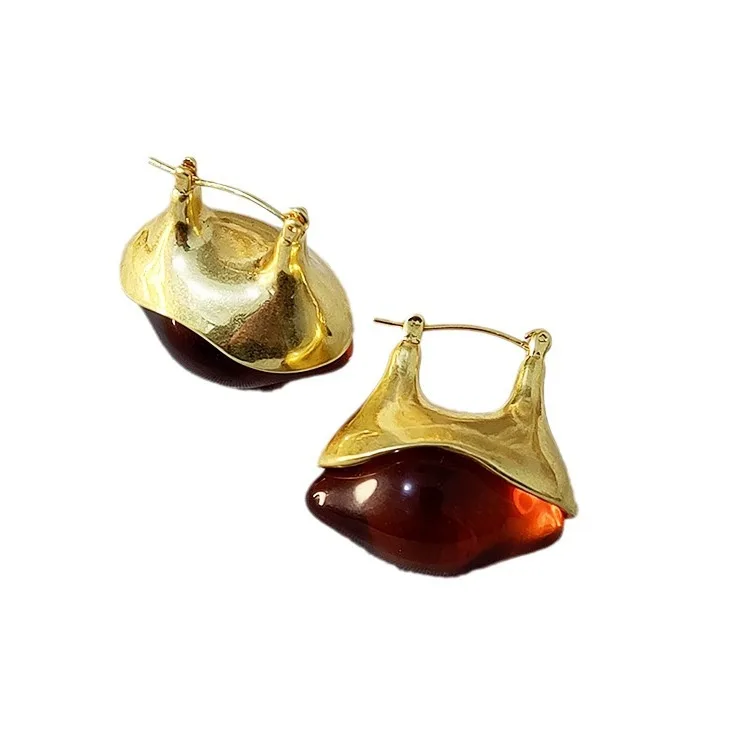 Special Shape Irregular Green Red Resin U-shaped Metal Earrings French Retro Glaze Hoop Earrings for Women Girl Jewelry NEW INS