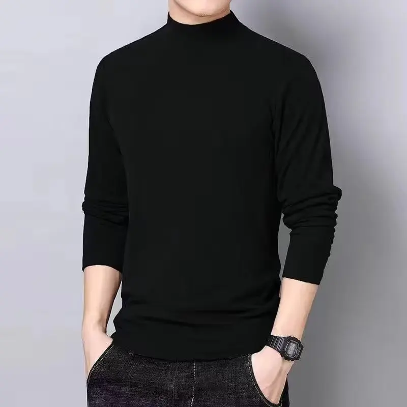 Double-Sided Dralon Half-High Collar Long SleevesTT-shirt Men's Autumn and Winter Fleece-lined Warm Low Collar Underwear Knitted