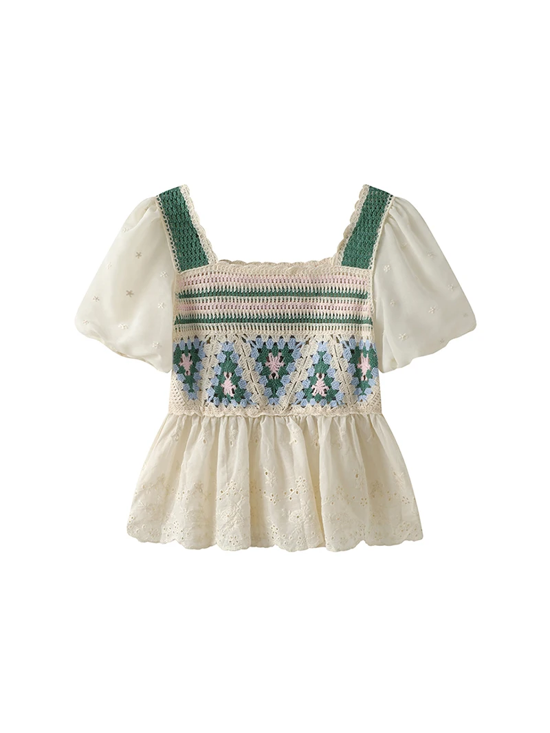 

La Chapelle Summer Splicing Knitted Hollow out Hook Flower Bubble Sve Top Women's Casual Cotton T-irt round Ne irt