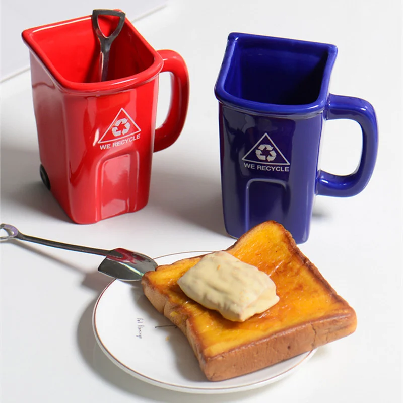 New Funny Style Ceramic Mug Trash Can Shape Cup Creative Funny Coffee Cup Milk Mug Large Capacity Ceramic Mug with Shove Gift image 4