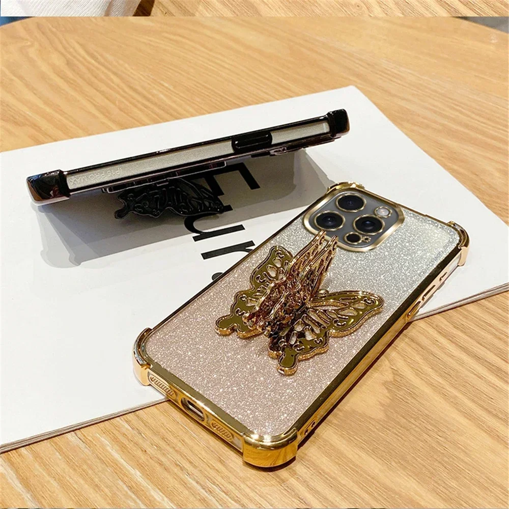 Transparent Butterfly Holder Anti Drop Cover For iPhone 16 15 14 Plus 13 12 11 Pro S MAX XR 7 Shockproof Protection Phone Case