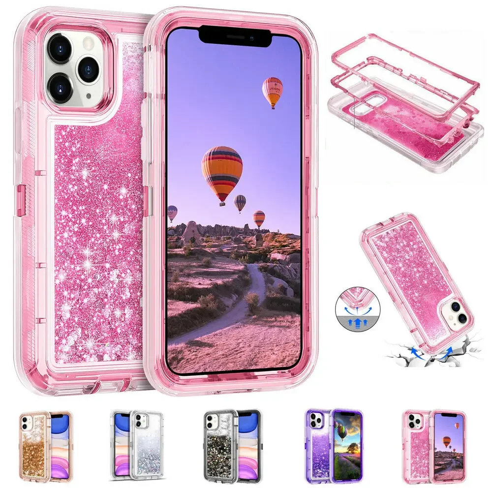 

Для IPhone 15 14 13 16 Pro Max Plus XS Max Plus 3 в 1, блестящий противоударный чехол-бампер для тяжелых условий эксплуатации с зыбучим песком