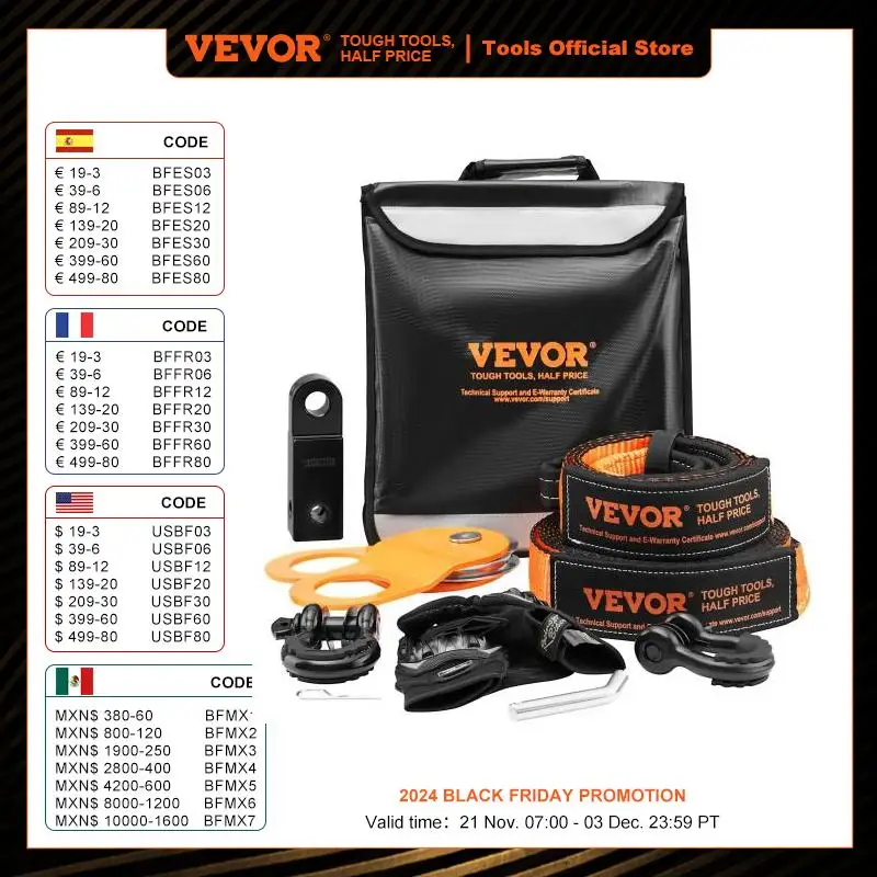 VEVOR Off-Road Winch Recovery Kit with 30000Lbs Tow Straps 44092Lbs D-Ring Shackles Snatch Block Storage Bag for ATV Jeep Truck