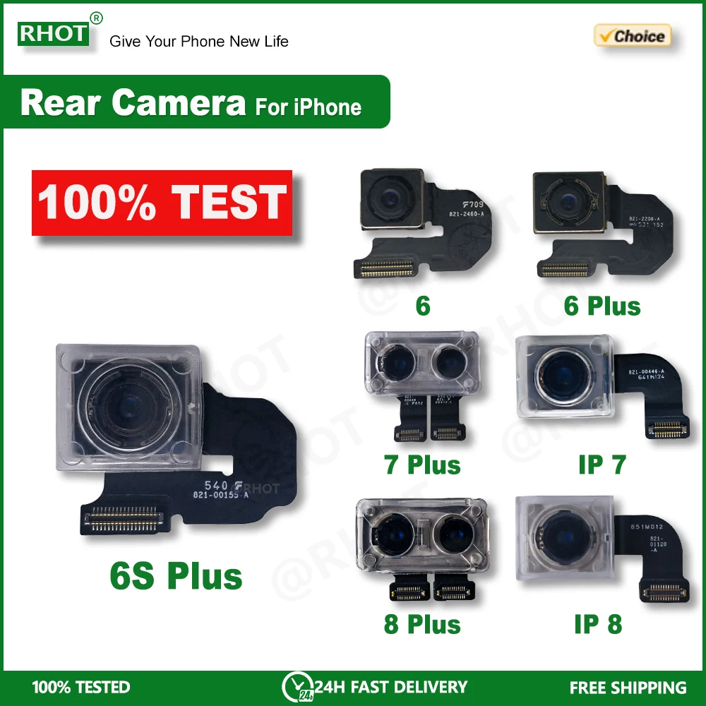 100% Test Rear Camera For iPhone 6 6S 6 Plus 6S Plus 7 7 Plus 8 8 Plus Back Camera Rear Main Lens Flex Cable Camera Replaceable