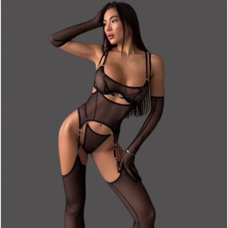 

Роскошные комплекты нижнего белья из 5 предметов: прозрачные сетчатые сексуальные эротические костюмы для женщин с чулками, перчатками, ультратонкие чувственные боди.