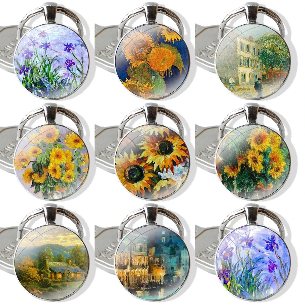 Claude Monet Oil Painting Sunflower Glass Metal Pendant Key Chain Classic Men Women Key Ring Accessories Jewelry Gifts