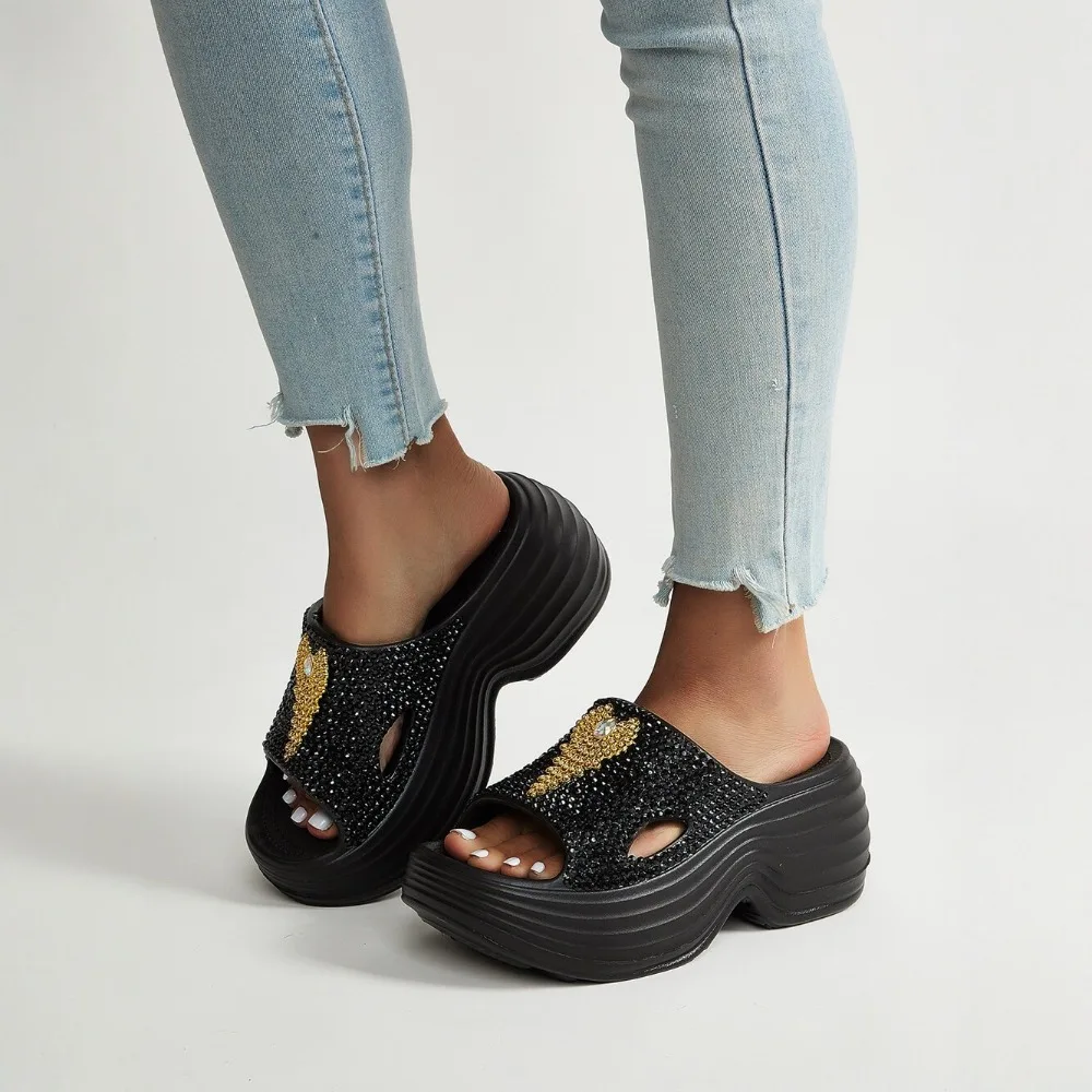 Women's Summer Rhinestone High Heel Sandals, Thick Sole Heightening Non-slip Slippers, Versatile for Home, Beach Daily Wear