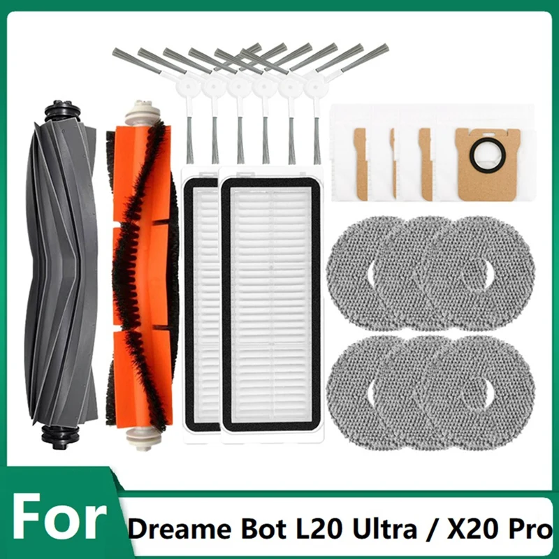 20ชิ้นแปรงด้านข้างหลักแผ่นกรอง HEPA ไม้ถูพื้นถุงหูรูดอะไหล่สำหรับ dreame Bot L20หุ่นยนต์ดูดฝุ่นพิเศษ X20โปร