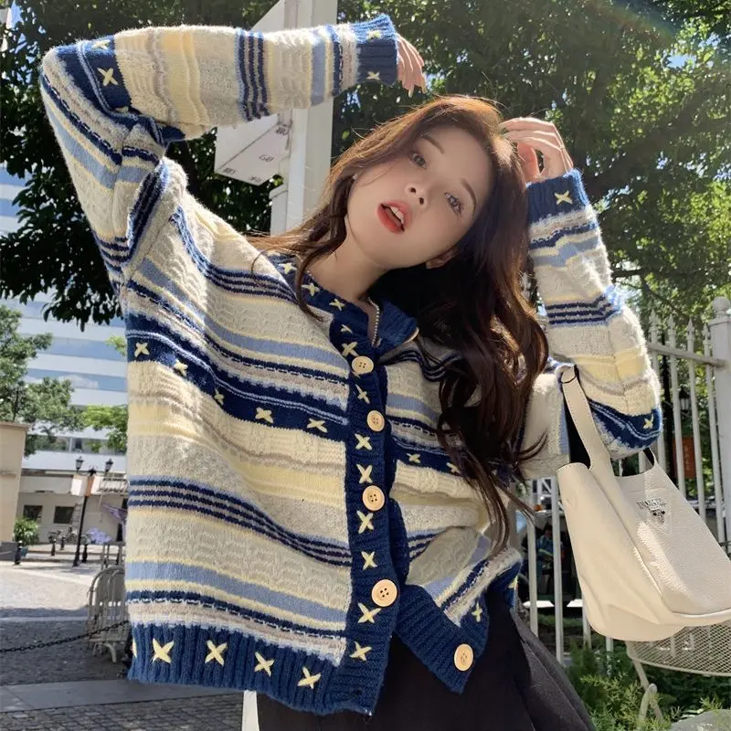 

2024 New Spring and Autumn Woman Clothes Bohemia Loose Lively Youth Retro Striped Cardigan Leisure Trend Niche Bright Colors Ins