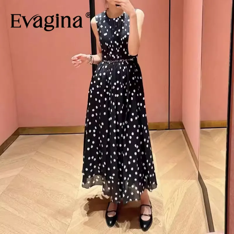 Evagina Summer Women's Dress Cotton Sleeveless Dot Print Design High Waiste Slim Casual Holiday Ball Gown Black Dresses