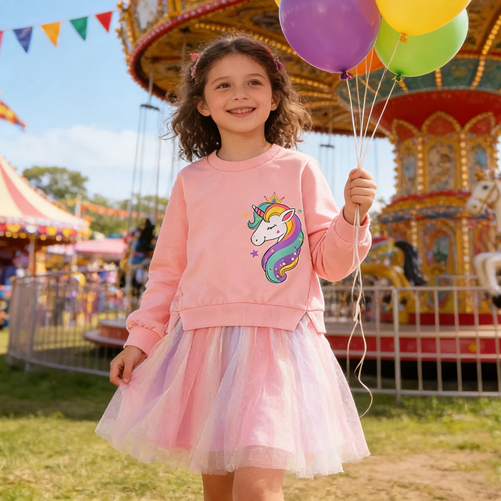 

New Children's Unicorn Princess Dress Kids Girls Spring Autumn Dress Rainbow Mesh Party Dress For Birthday Carnival Costume