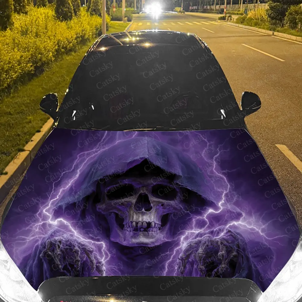 Purple Lightning Death Reaper Hood Decal - Vibrant Car Vinyl Wrap For Engine Protection, Ideal Gift For Car Enthusiasts