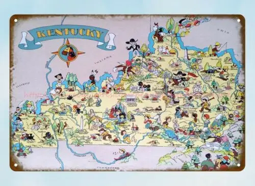 Pictorial map of KENTUCKY state by Ruth Taylor 1935 metal tin sign art wall