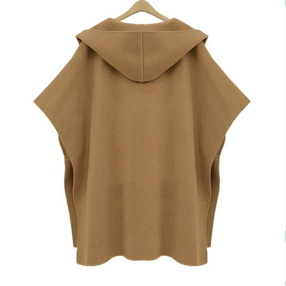 Korean Women 2023 Autumn Poncho Loose Cardigan Cape Outerwear Cloak Coat Solid Color Hooded Woolen Jacket Casual Overcoat Female