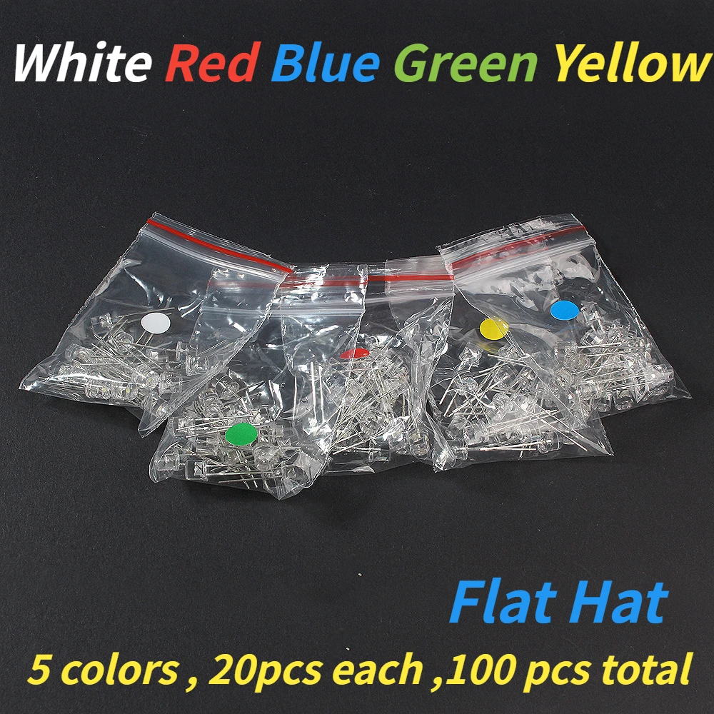 100PCS5MM LED Diodes kit Transparent LED lamp  Red Yellow Blue Green White F5 Flat LED lighting DIY electronic kit 5 Colors