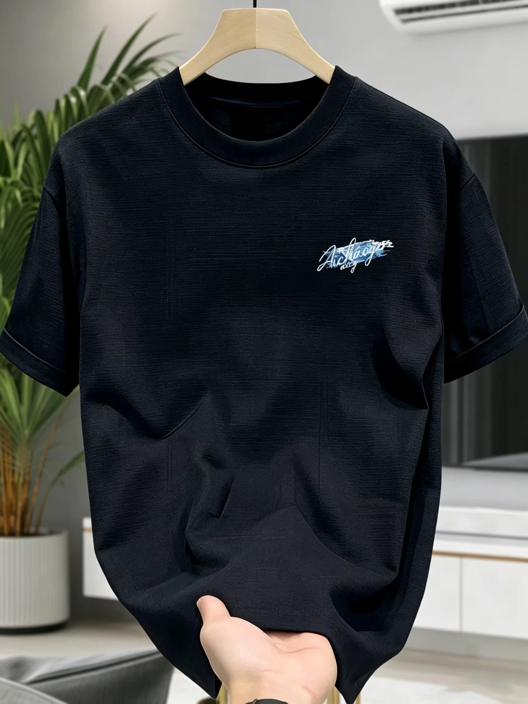 Retro Glacier Mountain Blue Texture Letter T-Shirt for Men and Women, Cotton Double-color Print, Casual Daily T-Shirt