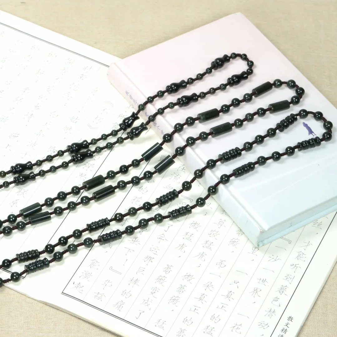Chinese natural Xinjiang Hetian green jade 6mm round beads septum pearl flower bottle screw bamboo straight pipe chain