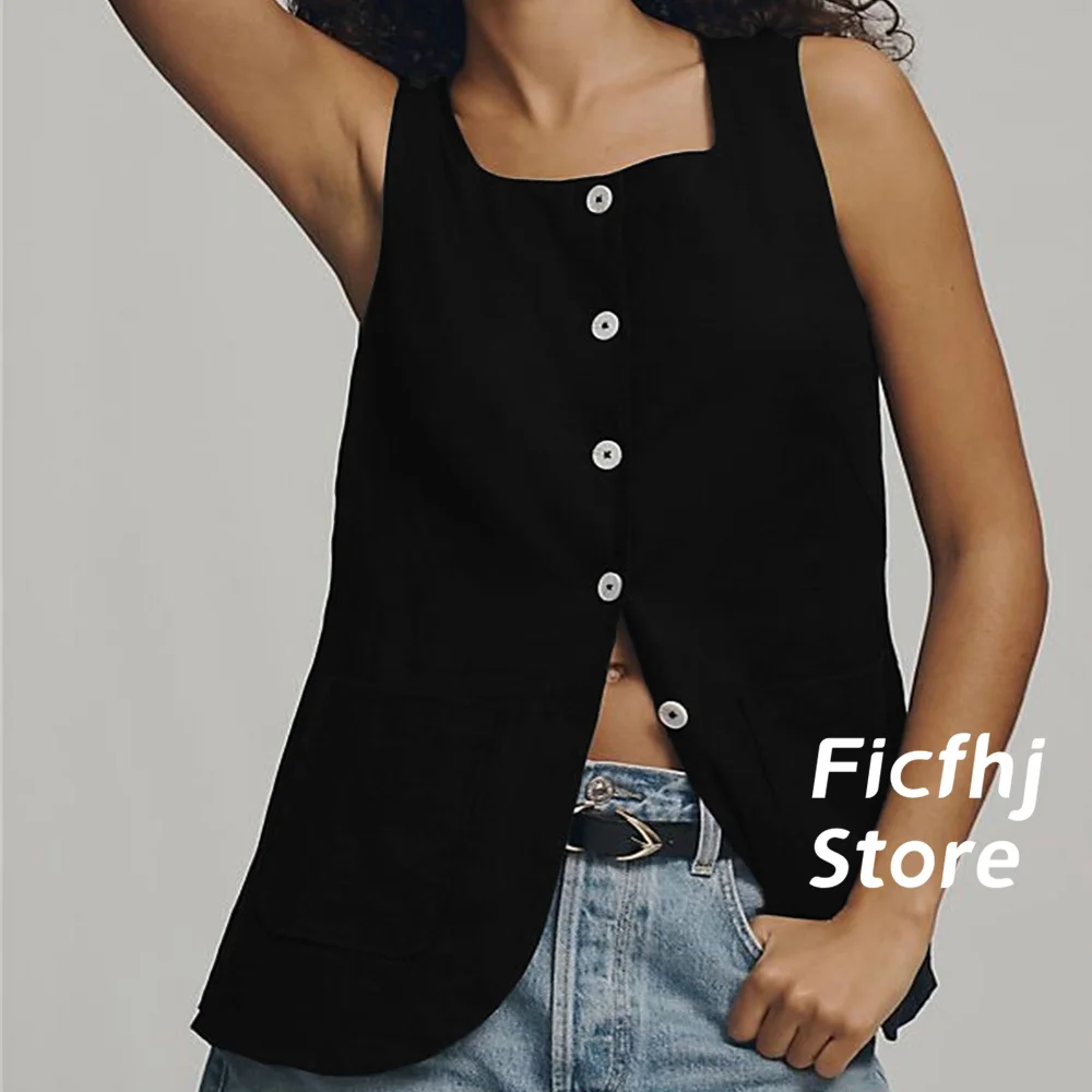 Vest For Women Linen Single Breasted Casual Loose Black Lightweight Comfortable Female Button-Up Waistcoat chalecos para mujer