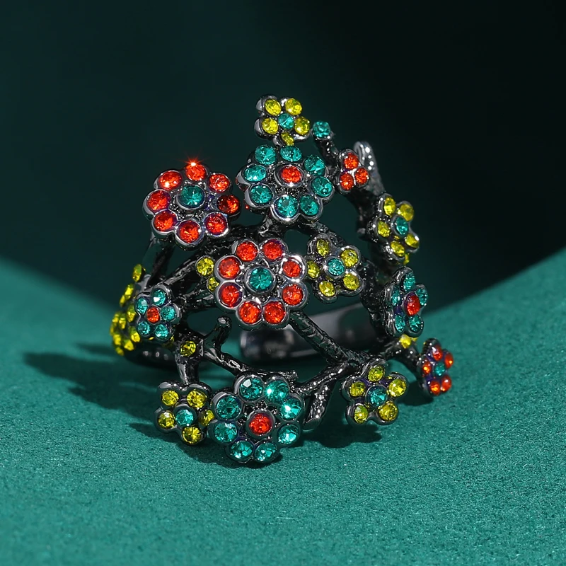 

Vintage Plum Blossom Flower Black Rings Antique Colorful Plated Jewelry Retro Charm Luxury 2026 For Women Festival Deco
