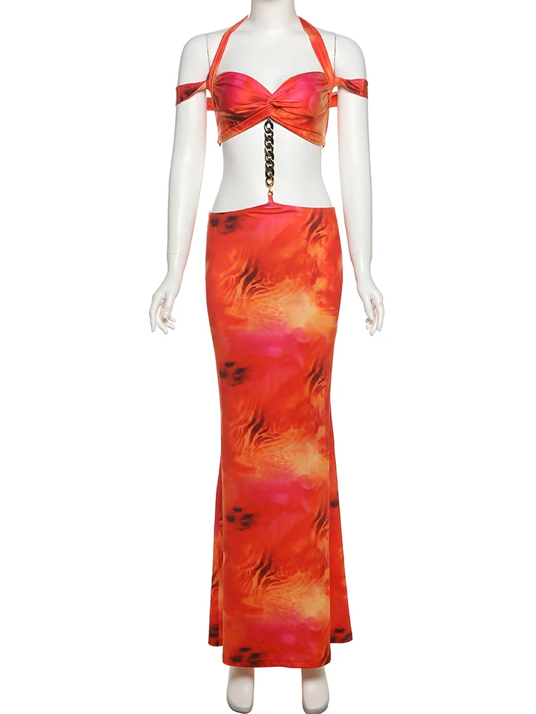 

kliou Tie Dye Print Women 2 Piece Set Unique Chains Splice Halter Bandage Crop Top+Matching Maxi Skirts Mujer Festival Long Robe