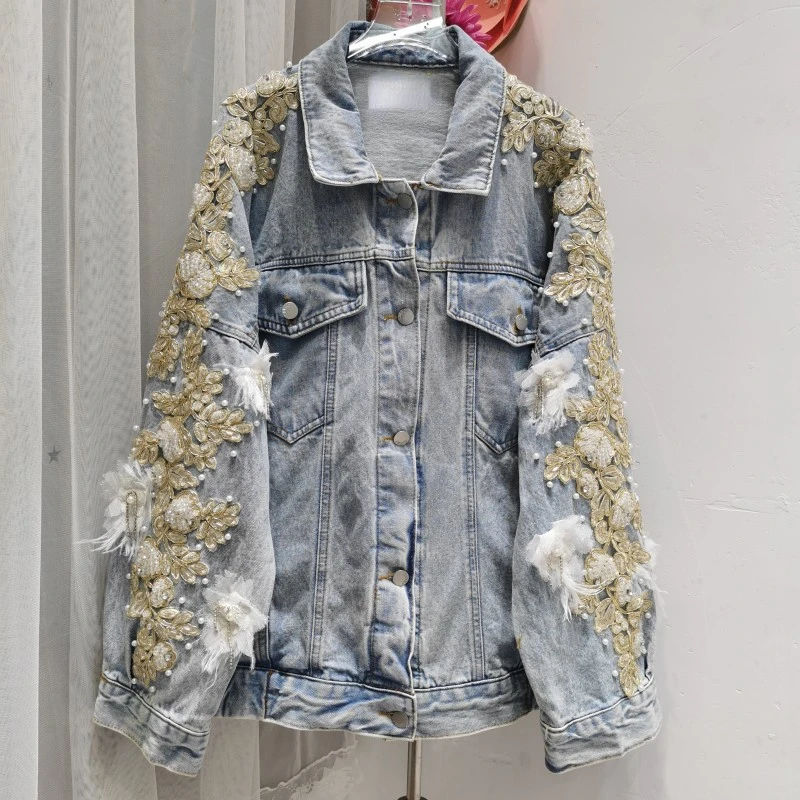 TEELYNN Floral Embroidery Denim Jackets for Women Vintage Long Sleeve Jacket Maxi Summer Coats 2022 Casual Loose Jeans OutWear