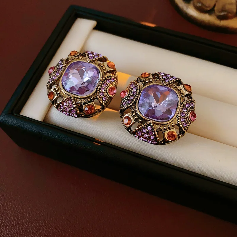 Vintage Purple Inlaid Rhinestone Earrings for Women Light Luxury Square Stud Earring Retro High Quality Wedding Jewelry Gifts