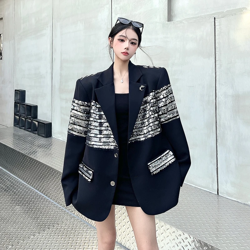 Heavy Industry Sequin Stitching Women's Suit Jacket Autumn and Winter High-end Loose Glitter Blazer Coat Fashion Lady Suit Top