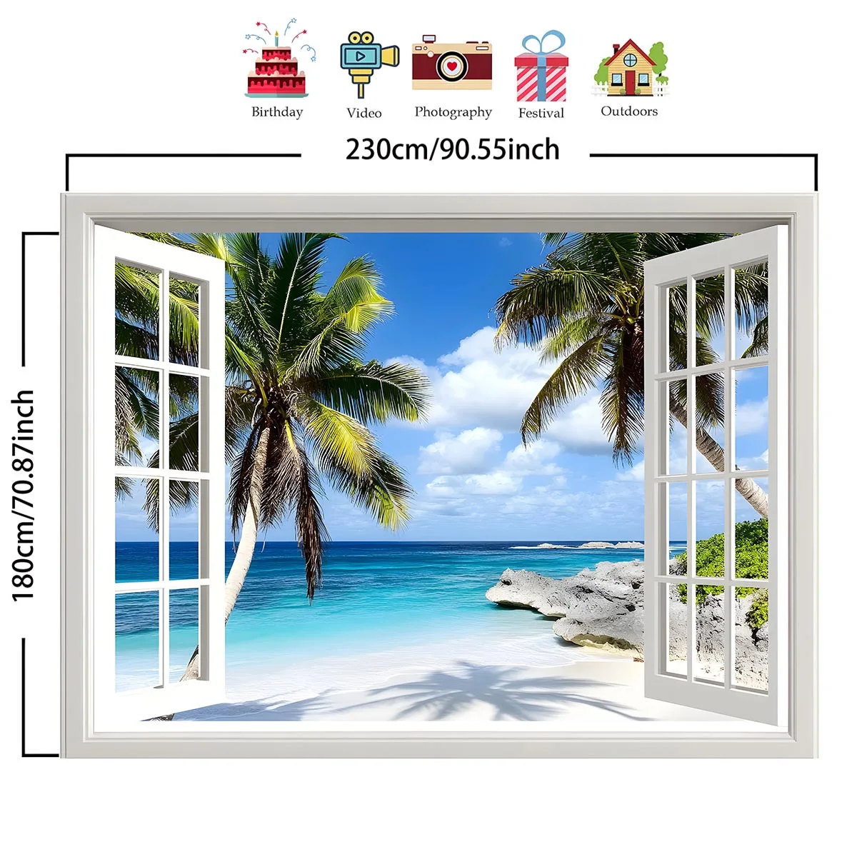 1 tropical beach landscape wall sticker background - easy to hang polyester banner with palm trees and ocean scenes view 3