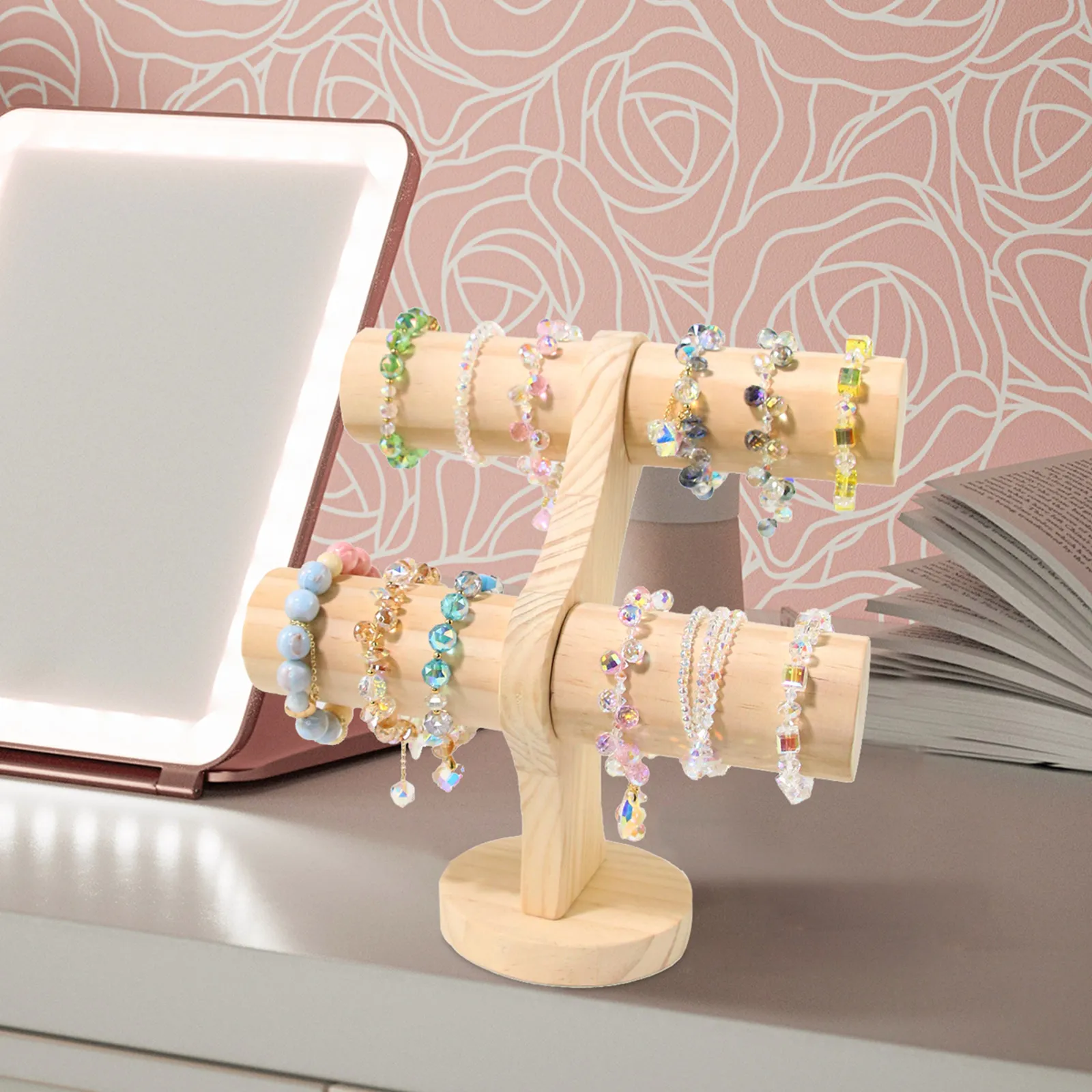 

2 Levels Wooden Jewelry Stand Bracelet Holder Display for Bangles Beaded Bracelets and Hair Ties Decorative Storage Holder