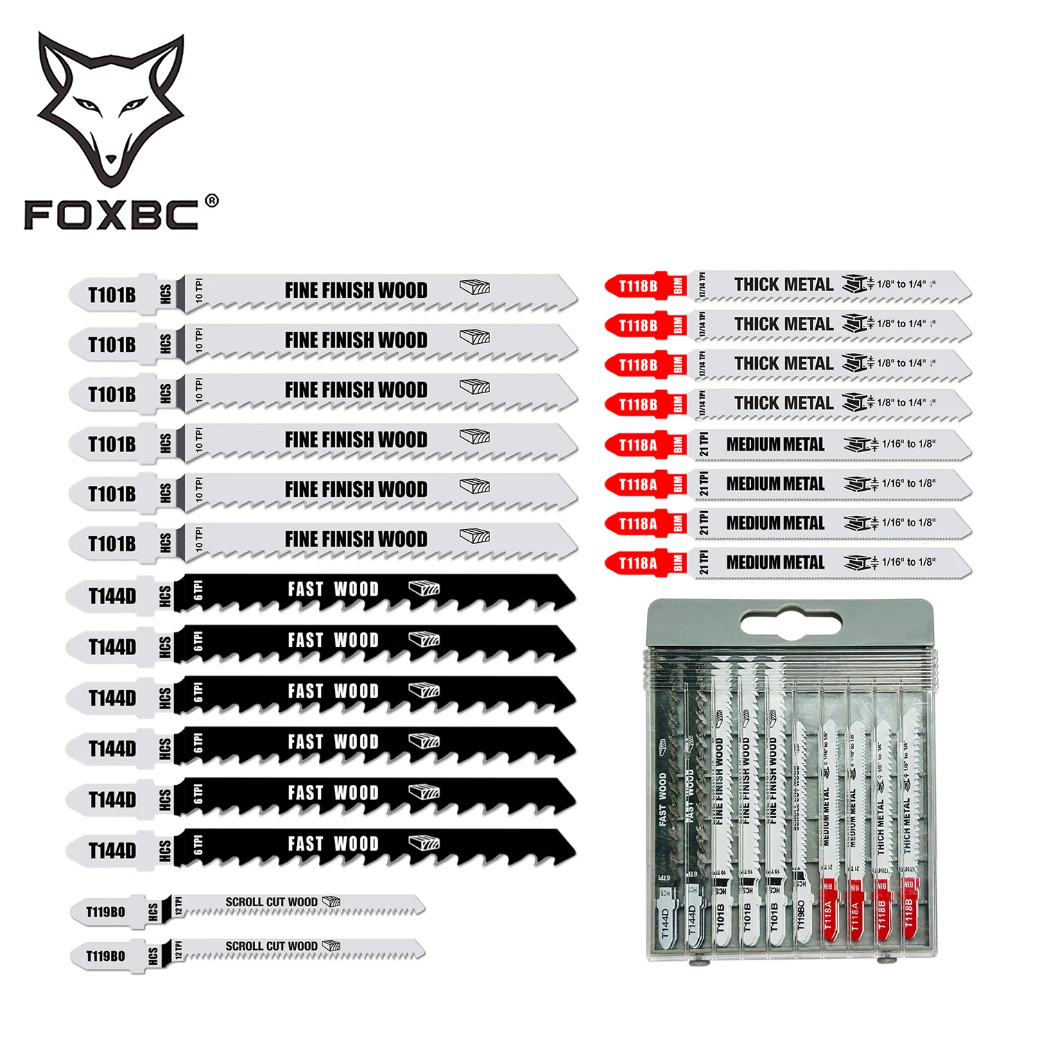 FOXBC T Shank Jigsaw Blades Set adatto a Dewalt, Bosch, Makita, Ryobi, artigiano, Skil, Dremel per il taglio di metalli in legno 22 pezzi