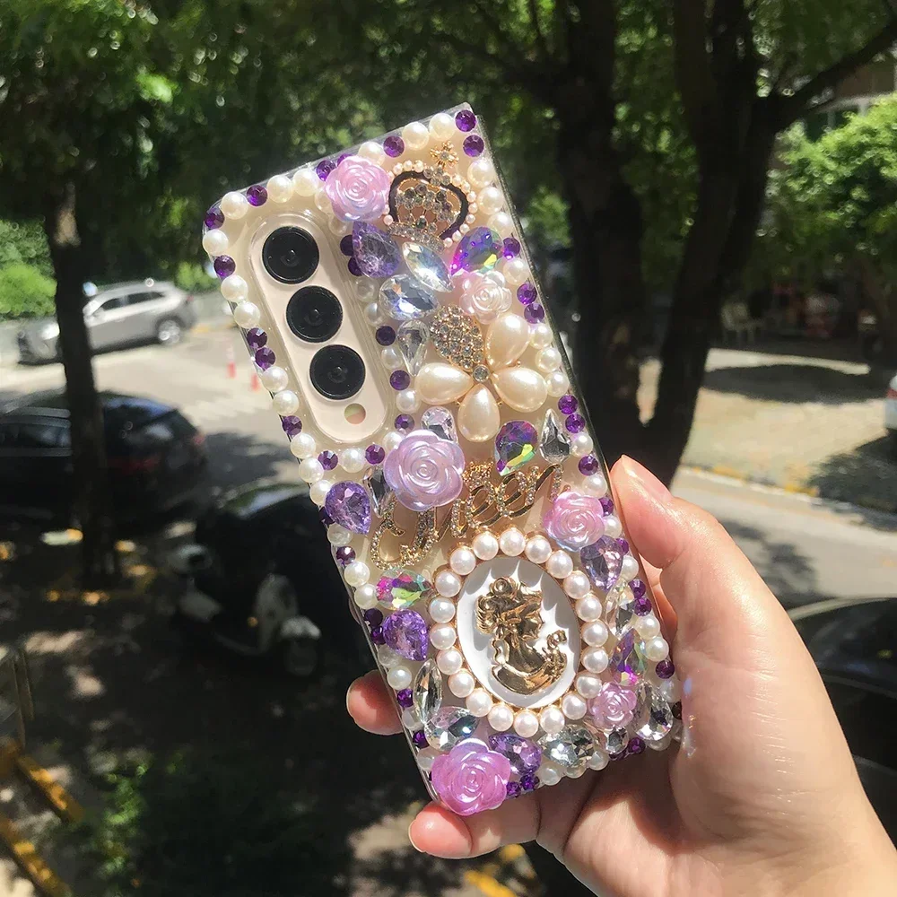 

Phone Case for Samsung Galaxy Z Fold, Luxury Rhinestone Crown, Flowers Diamond Pearl Goddess Portrait, 5, 4, 3, 6